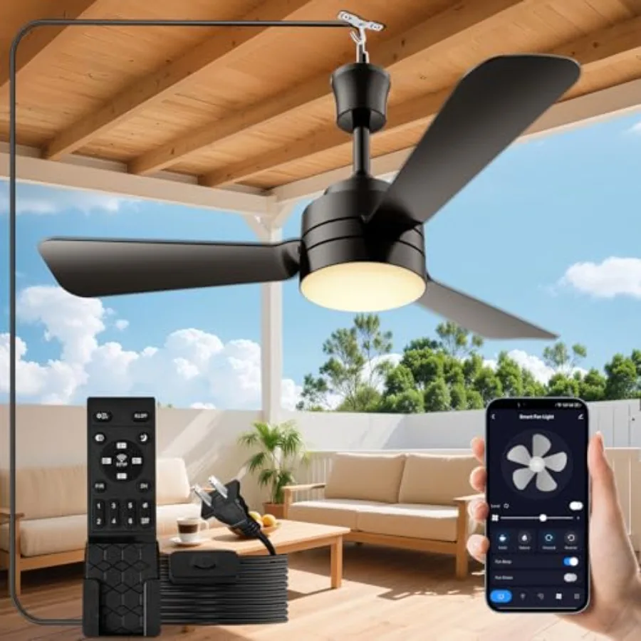 

Outdoor ceiling fan with light for patios and porches, aluminum alloy body, white finish, 28-inch diameter, 35W adjustable colo
