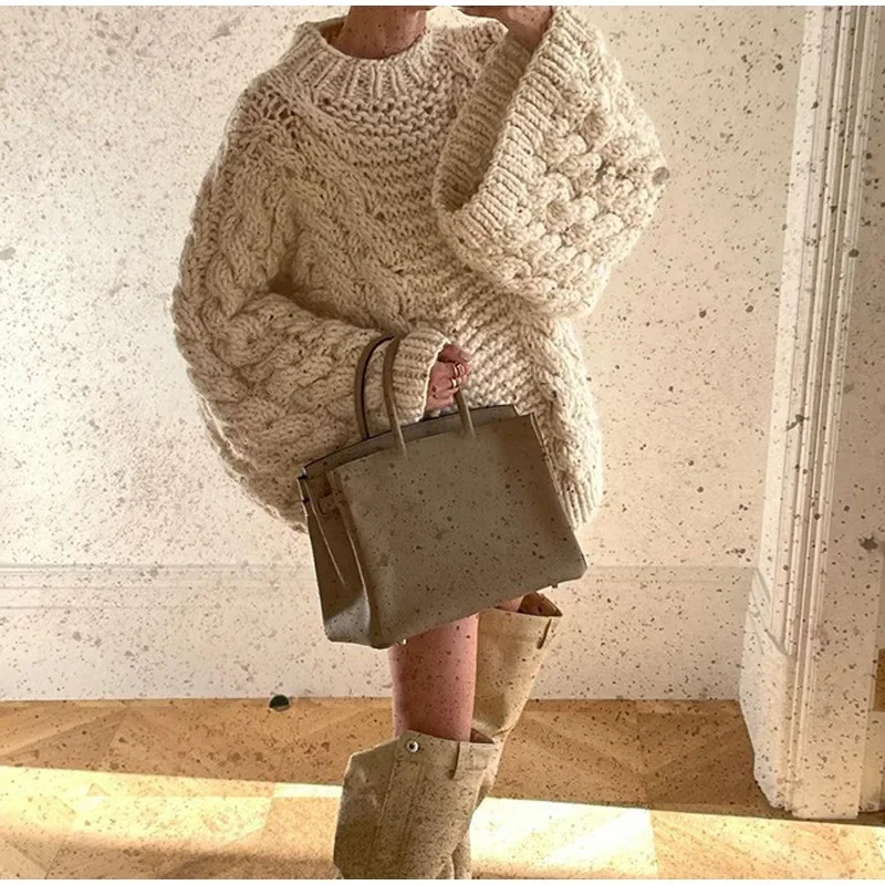 

Autumn Winter Solid Match All Jumper Fashion Pullovers Women's Loose Thick Line Knitted Sweater O Neck Lantern