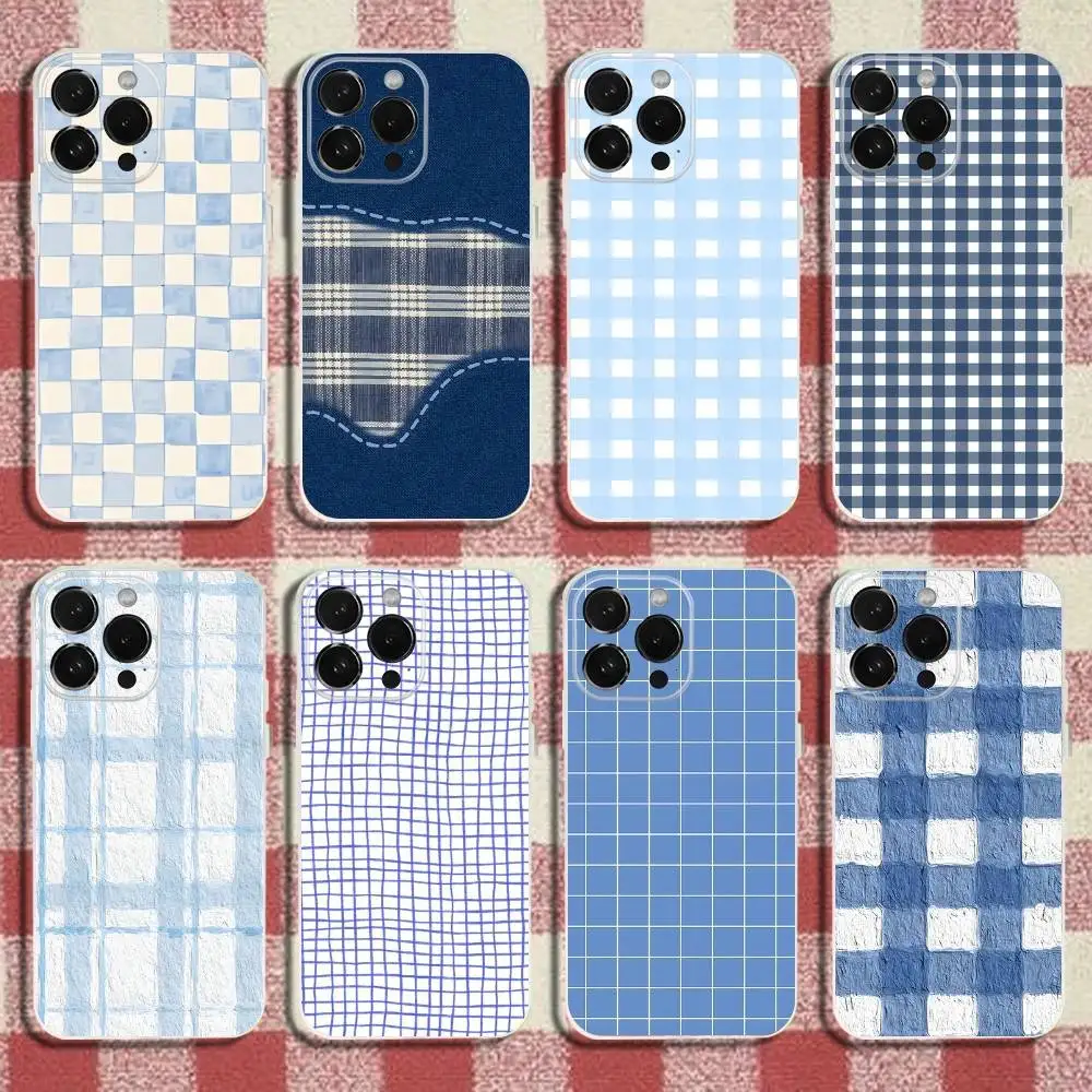 

Ins Korean Blue Striped Grid Phone Case For iPhone 17,16,15,14,13,12,11 Pro,Max,Plus,X,XS,XR,SE,Mini Transparent Silicone Soft