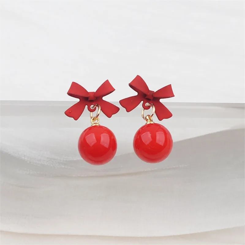 Black Red Bowknot Elegant Hanging Earrings Imitation Pearl Ball Pendants Korean Fashion Sweet Small Earrings brincos 2025 new