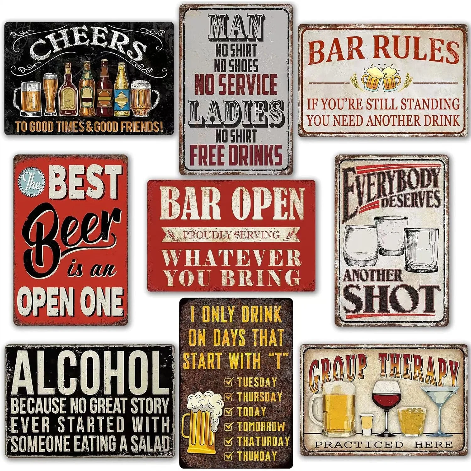 

Vintage Metal Tin Signs for Home Bar Decor, 8x12 Inch Funny Wall Art for Man Cave Garage Pub, Set of 9
