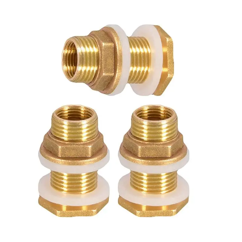 ABRE-Solid Brass Bulkhead Fitting, 6 Sets 3/8 Inch Female 1/2 Inch Male Solid Brass Water Tank Connector Threaded With Ring