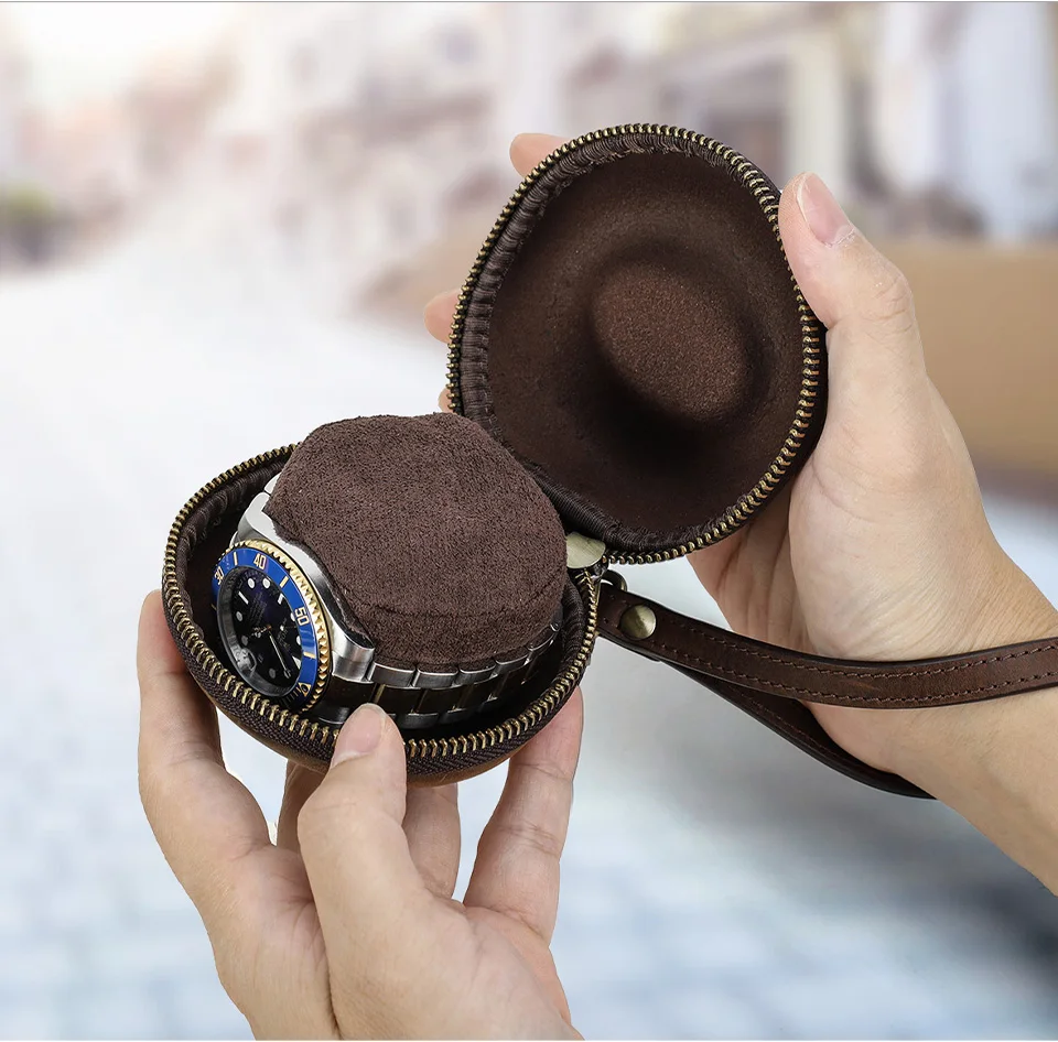 CONTACTS FAMILY Tragbares Reise-Einzeluhrengehäuse aus echtem Leder mit Reißverschluss, Aufbewahrungsbox für Uhren, Münztüte, Smartwatch-Box – Detail 2