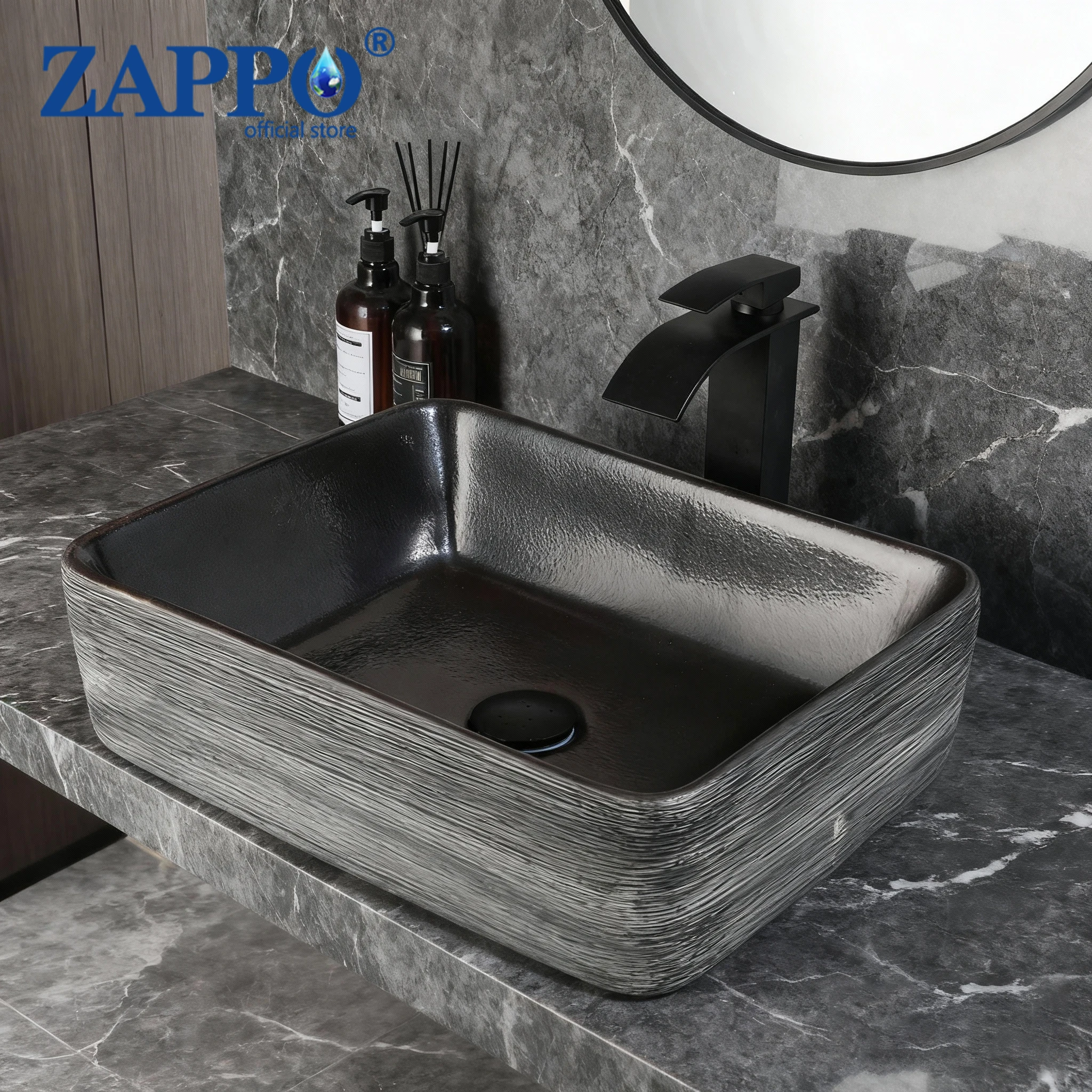 ZAPPO Rectangle Vessel Sink with Waterfall Faucet and  Drain Bathroom Sinks Ceramic Above Counter Bowl Sink Balck Bathroom Sink