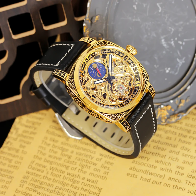 ساعة ميكانيكية أوتوماتيكية بمؤشر الشمس والقمر وحزام جلد أسود للرجال