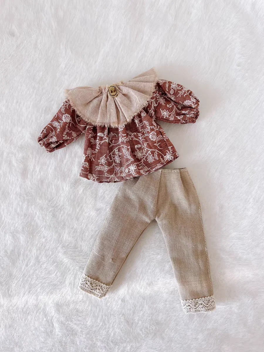 Blythe doll clothing retro top+light brown pants+retro headscarf three piece set OB22 OB24 azone19 joint wearable women  style