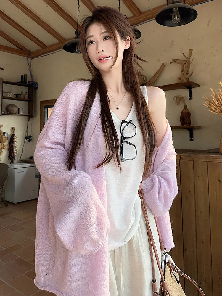 

Ladies' Loose Fit Purple Ice Silk Knitted Open Cardigan Trendy Outerwear Comfortable Korean Style Long Sleeve V-Neck Top