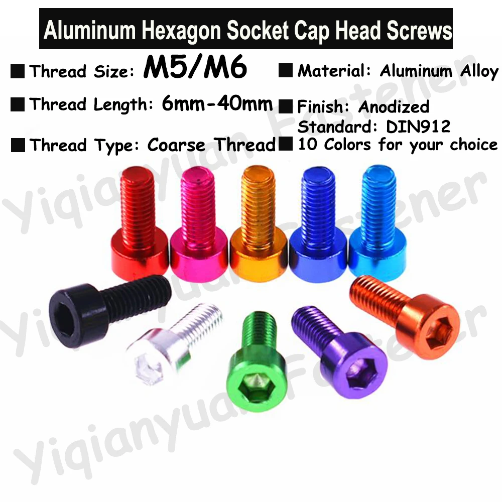 

2Pcs-5Pcs M5 M6 DIN912 Colourful Aluminum Hexagon Socket Cap Head Screws Allen Key Screws with Coarse Thread 10 Colors