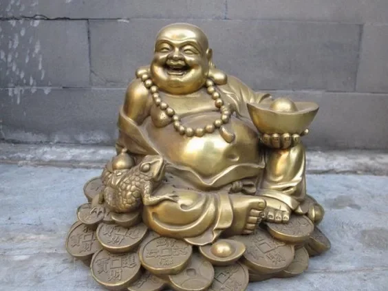 Buddhism Brass Copper Happy Laugh Yuan Bao Toad Buddha Statue