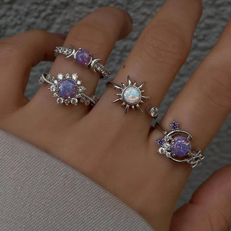 4pcs Purple Artificial Gemstone Finger Ring Sun Moon Geometric Metal Cuff Ring Set Women Luxury Jewelry Elegant Trendy Accessory