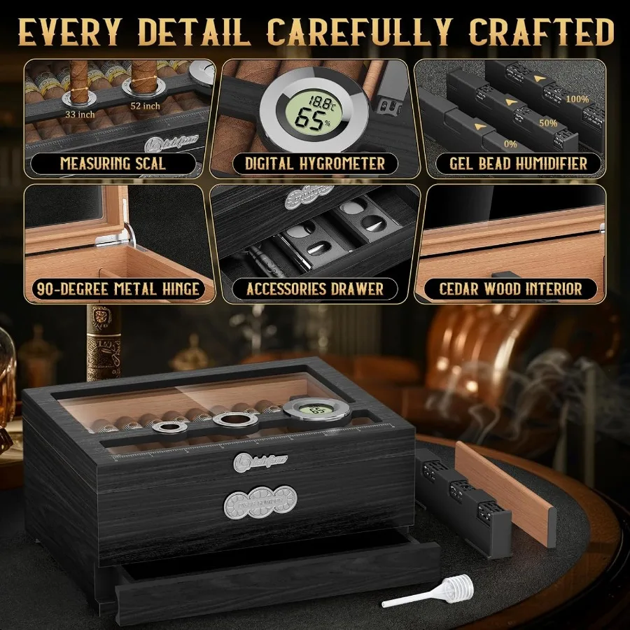 Umidificatore per sigari Contenitore per umidificatore da tavolo con parte superiore in vetro Regali per sigari per uomo Custodia per sigari in legno di cedro con igrometro digitale Umidificatore Measu