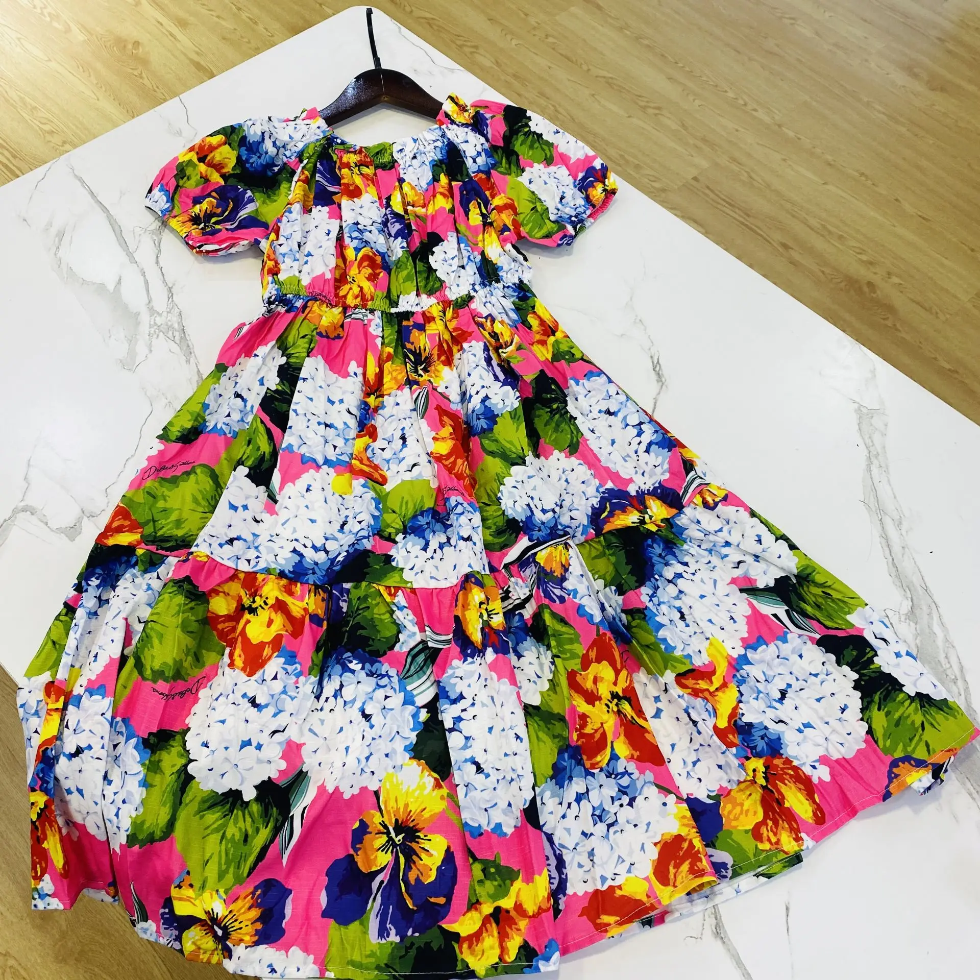 

High end pure cotton full printed large hem dress 2024 spring summer new short sleeved girl's dress