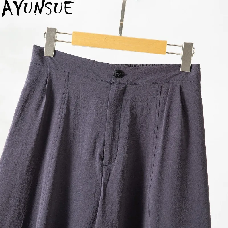 

AYUNSUE 76% Silk Women's Pants Casual Loose Pants for Woman Solid Wide-leg Curved Knife Pants Summer Clothes Woman 2026 Штаны