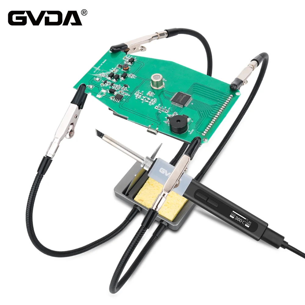 GVDA Supporto per saldatore con 4 bracci flessibili Cuscinetti in spugna per pulizia Strumento di riparazione per saldatura PCB Staffa per saldatore