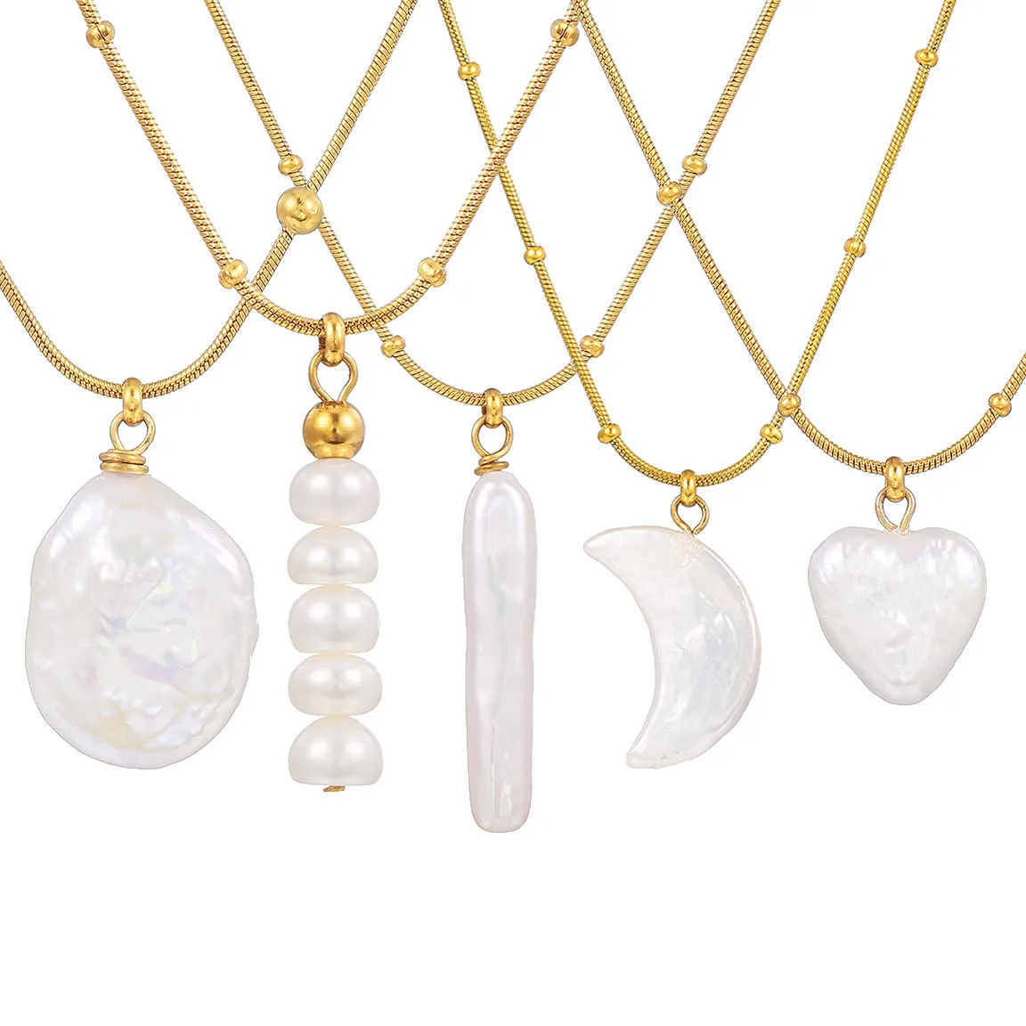 Collar con colgante de perlas naturales de agua dulce, Luna, corazón, palo cruzado, péndulo de perlas barrocas, collar de cadena de acero inoxidable sin decoloración