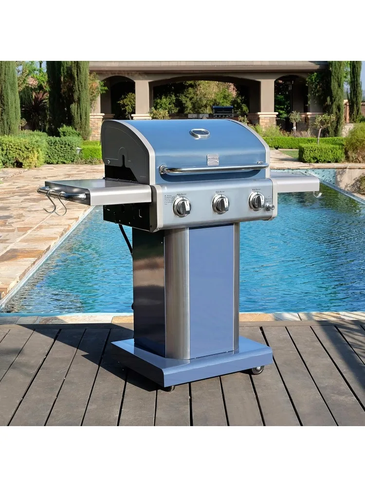 3-Burner Propane BBQ Grill, 30,000 BTUs Gas Grill with Cast Iron Cooking Grates, Folding Side Tables & Wheels, Outdoor Grill