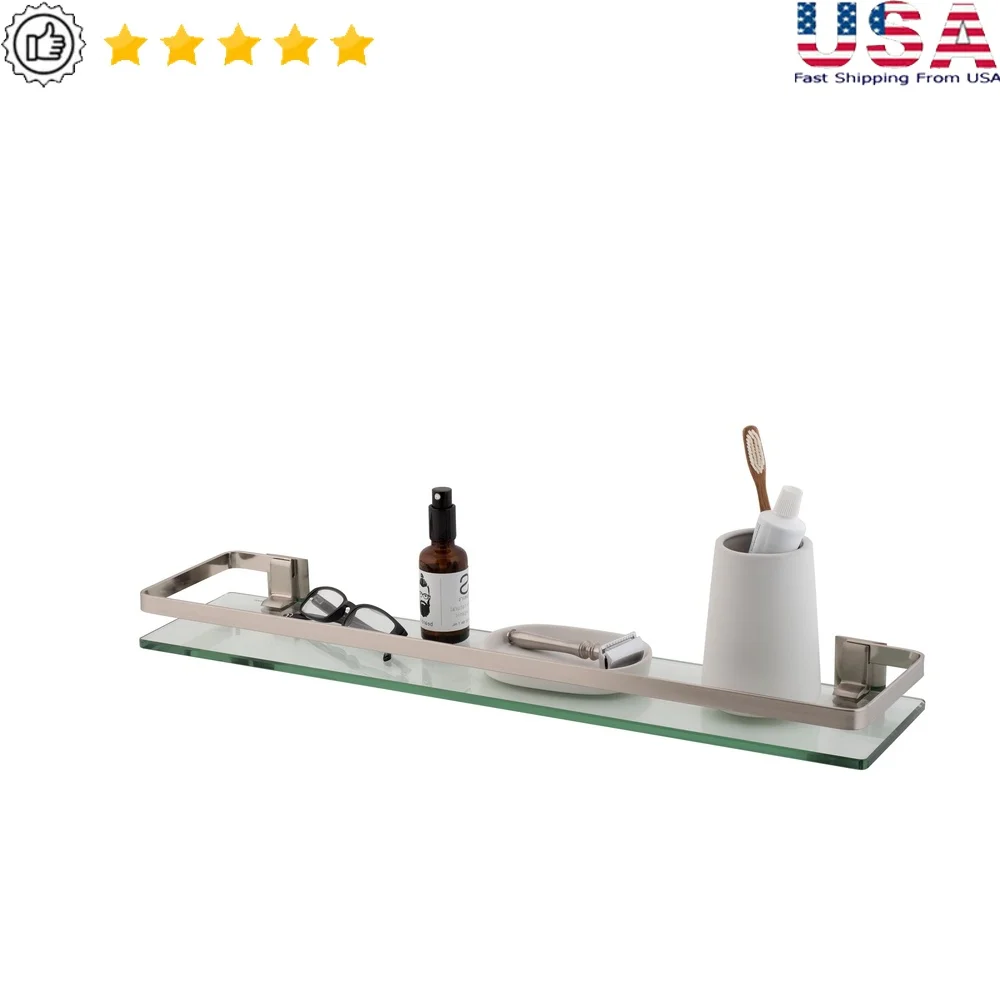 

Decorative Glass Bathroom Shelf Wall Mount with Nickel Rail Soaps Lotions Easy Access Indoor Storage Hardware Included