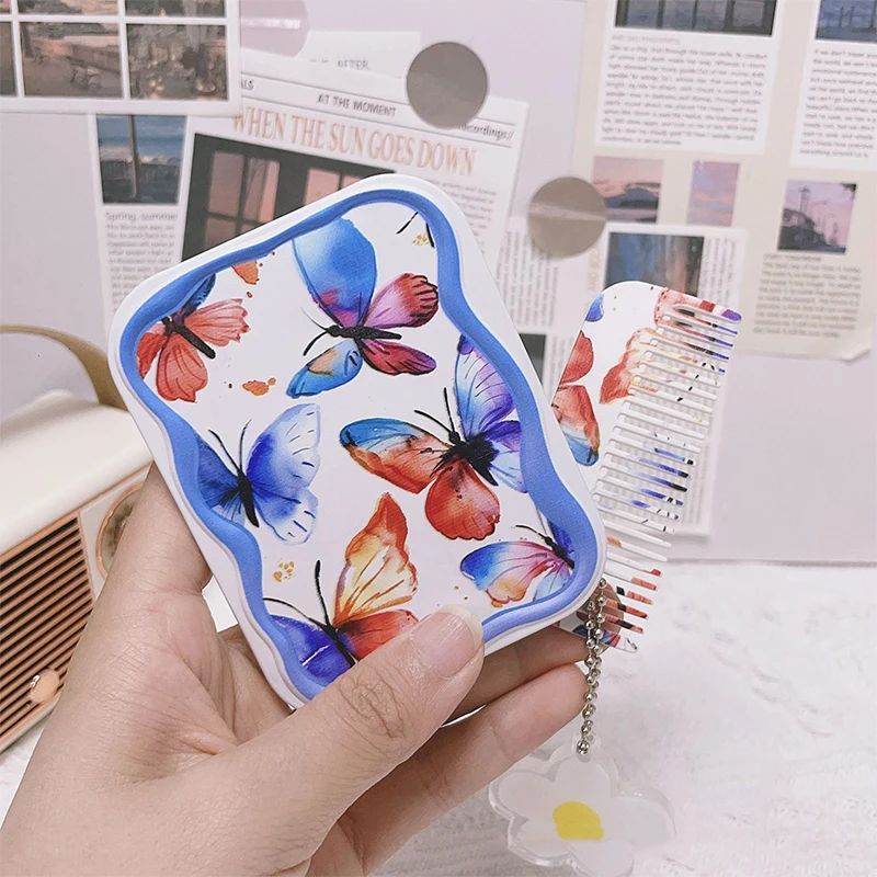 Red And Blue Butterfly Flip-Top Folding Makeup Mirror Portable Pocket Mirror Rectangle Cosmetic Mirror With Comb For Women