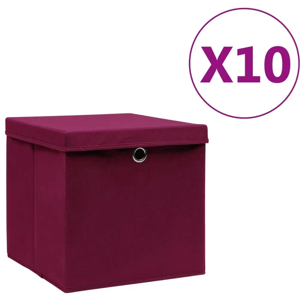 Set of 10 Dark Red Storage Boxes with Covers - 28x28x28 cm, Organize Your Space!