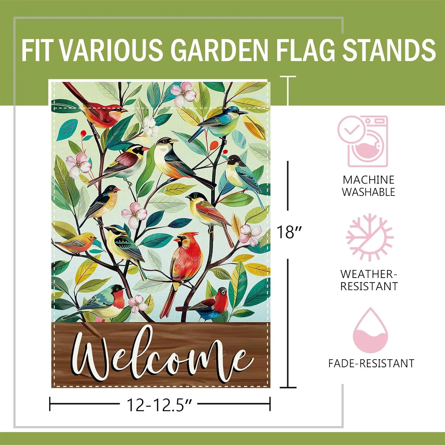 Welcome Spring Summer Birds Tree Decorative Garden Flag, Watercolor Cardinal Chickadee Oriole Floral Small Yard Outside Deco EEZ