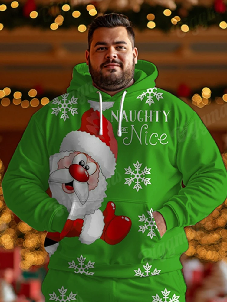 Biggmans Plus Size Merry Christmas Hoodies Outfits Mens Party Snowflake Print Loose Two Piece Set Santa Male Club Long Pants Set