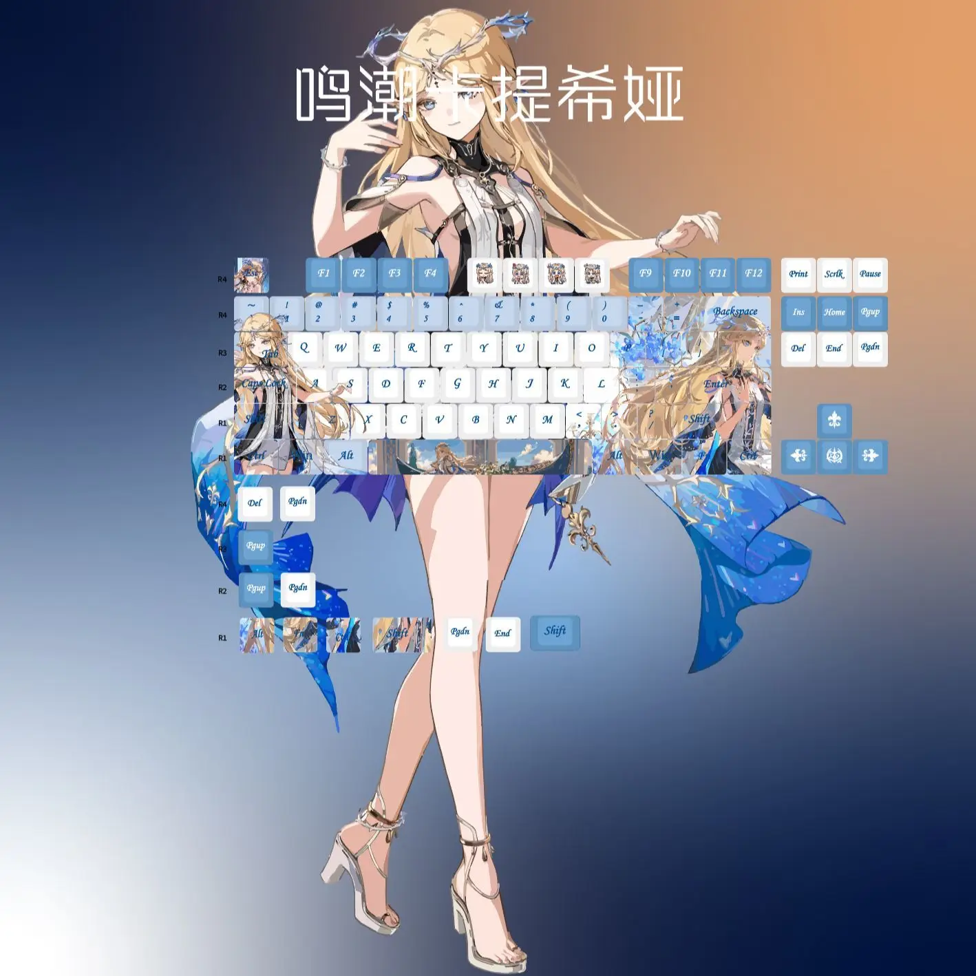 

Колпачки для клавиш Wuthering Waves, тема аниме Cartethyia, игровой колпачок для ключей, 100 клавиш, PBT DYE SUB Cherry MX Switch для 61/63/64/83/87