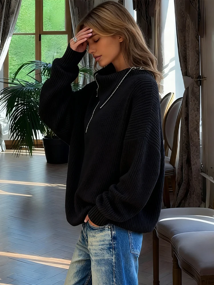 

Weird Puss Fashion Knit Sweater Women Irregular Zip Turn-Down Collar Autumn Trend Street Simple Wild Casual Stretch Pullover