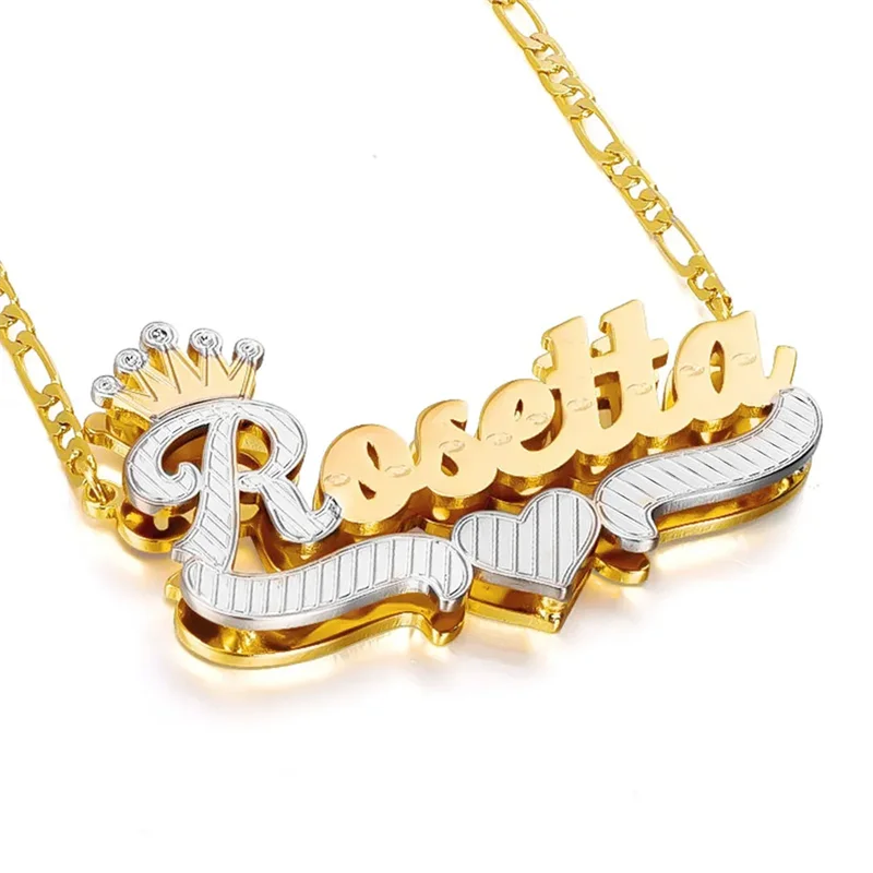 Custom Double Plated Name Necklace With Crown Two-Tone Nameplate Stainless Steel Jewelry Personalized Pendant Jewelry Choker