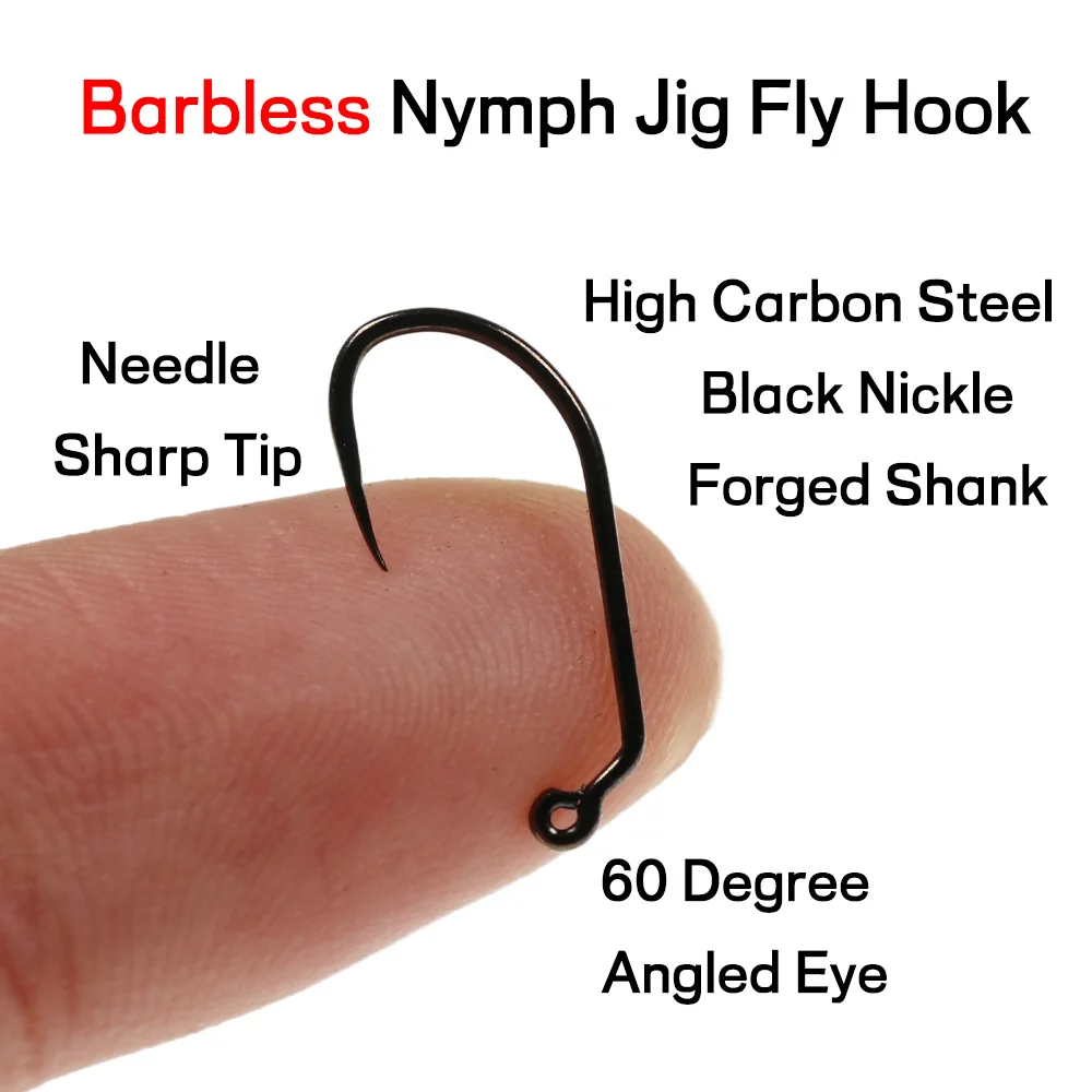 Bimoo 200PCS 60 Degree Barbless Nymph Jig Fly Hook Trout Nymphing Fly Hooks #10 #12 #14 #16 #18