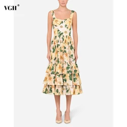 VGH New Floral Printing Midi Dress for Women Square Collar Off Shoulder High Waist Patchwork Ruffles Dresses Female 2025 Summer