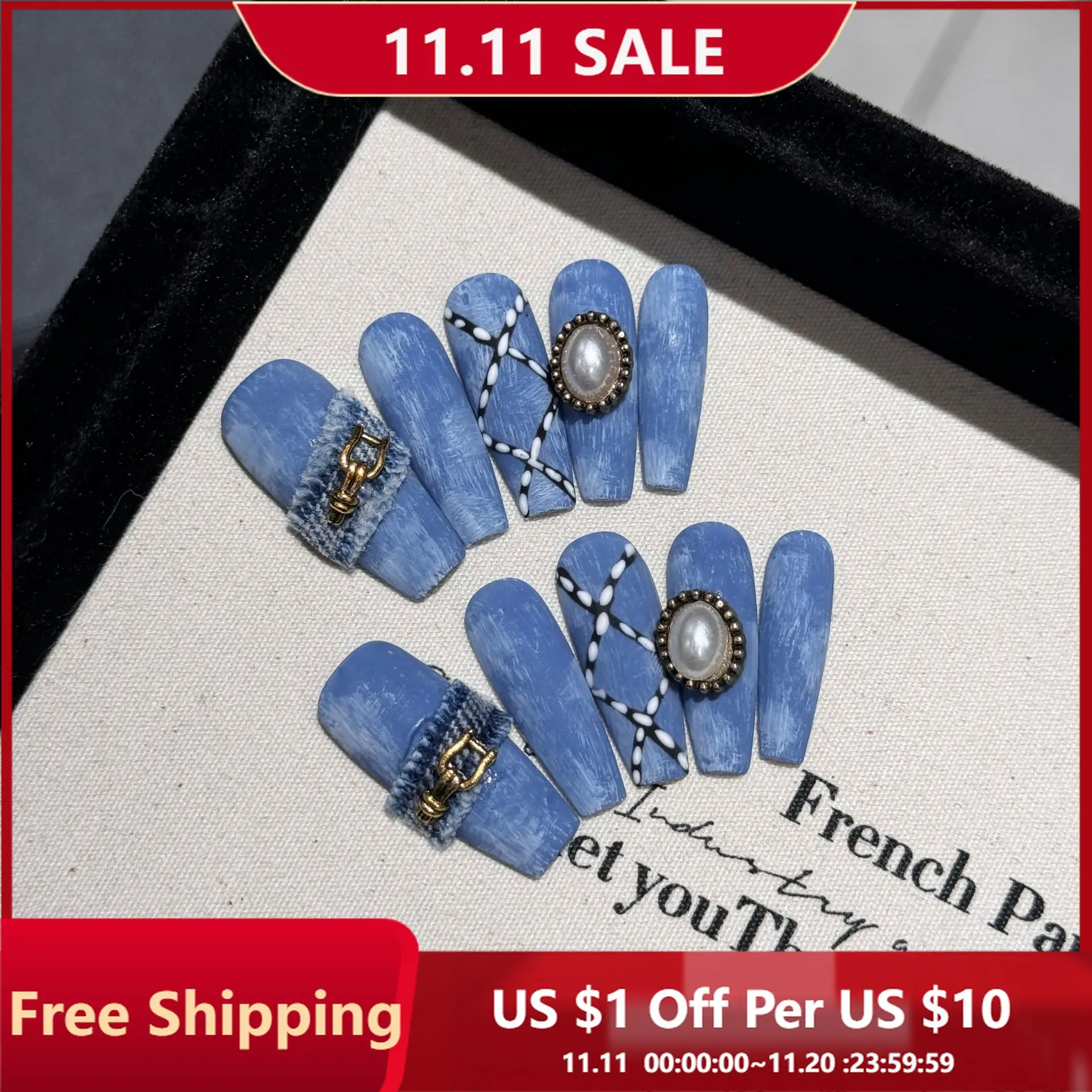 

10pcs Handmade Press on Nail Blue Denim Check Diamonds Fake Nail for Women&Girl Long Ladder Removable Wearable False Nail