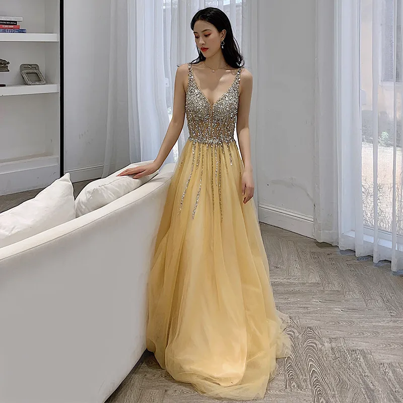 

Yellow Shiny Women Evening Dresses Sequins Tulle Prom Party Gowns Formal Occasion Vestido De Fiesta Abenkleider robes de soirée