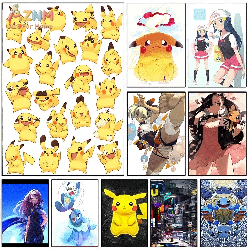 Impresión en lienzo de Pokémon de AZNM, varios diseños de Pikachu, Marnie, Dawn, Popplio, Squirtle, arte de dibujos animados, pintura en lienzo sin marco para niños