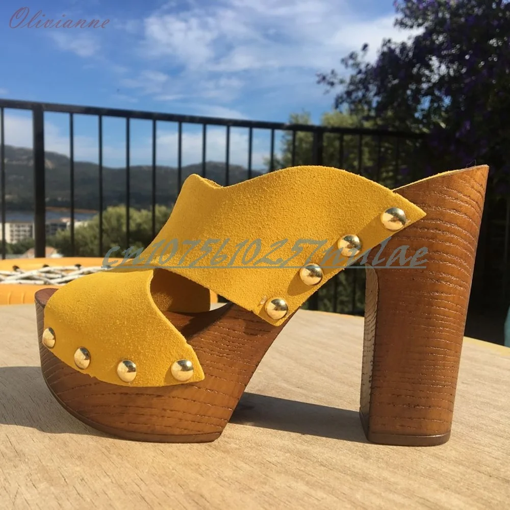 

Yellow Color Rivets Decor Slippers Lady's Outdoors Party Cross Tied Chunky High Heel Women Shoes 2026 Summer Zapatos Para Mujer