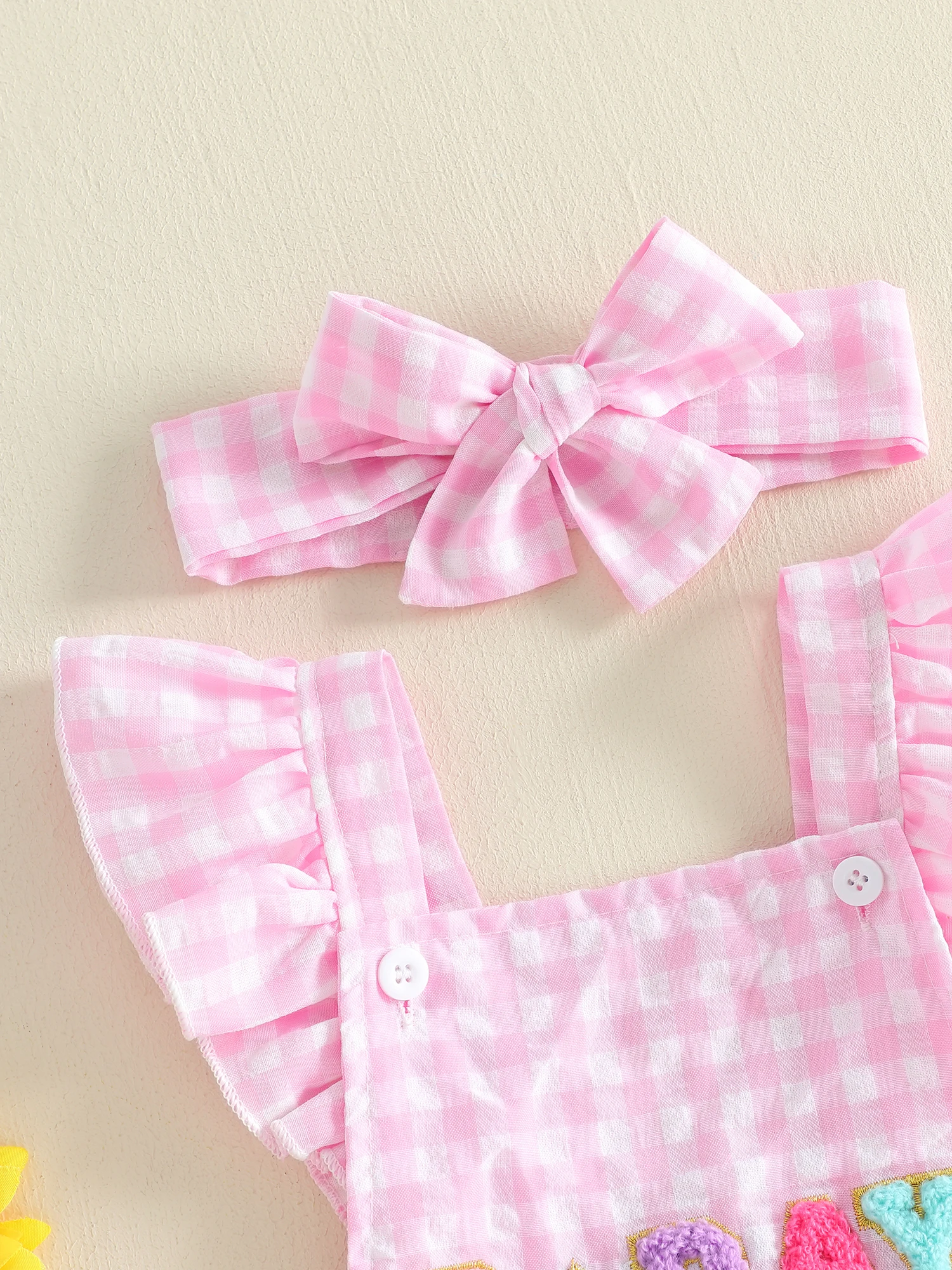 

Adorable Baby Girl Romper with Cute Embroidered Letters Plaid Print Square Neck and Fly Sleeves - Includes Matching Headband