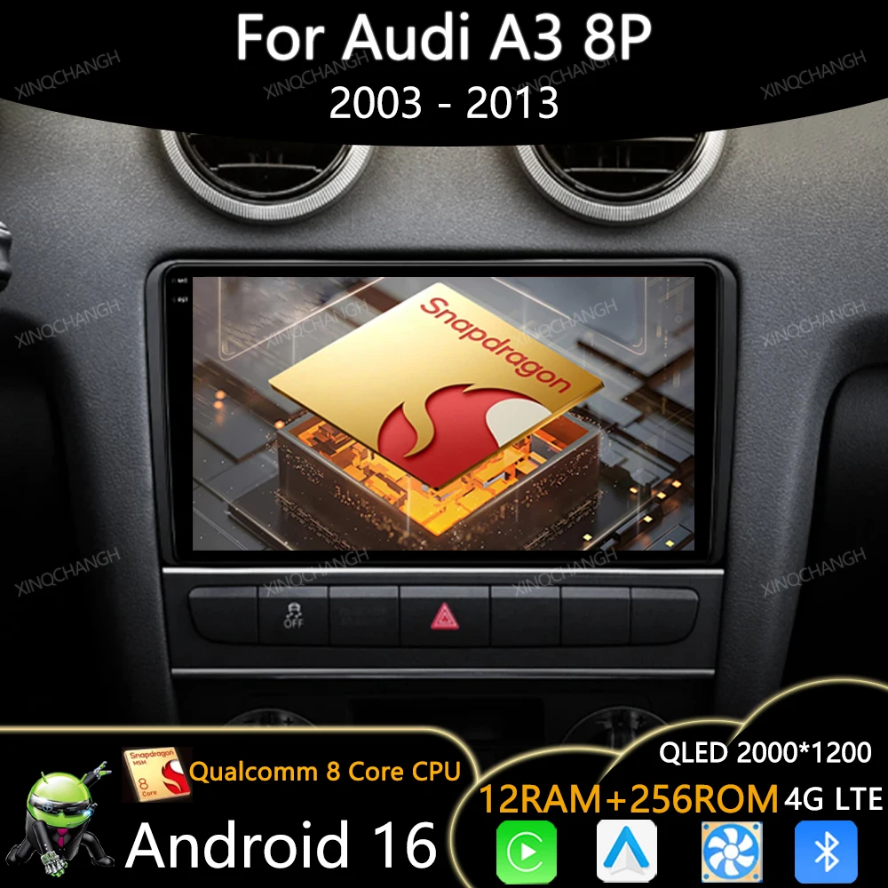 Android 16 Car Radio For Audi A3 8P 2003 - 2013 GPS BT Head Unit QLED Multimedia Video Player 4G WIFI Carplay Auto Qualcomm 2DIN