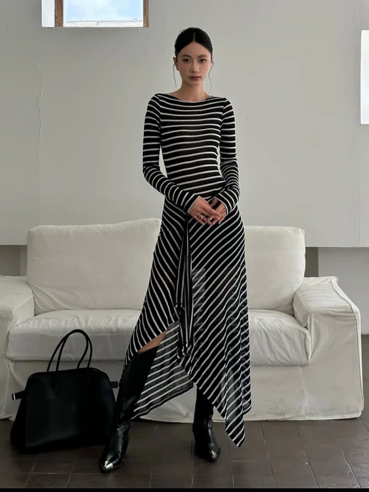 Premium sense of striped long-sleeved women's dresses fall temperament casual versatile irregular open long dress 2024 new