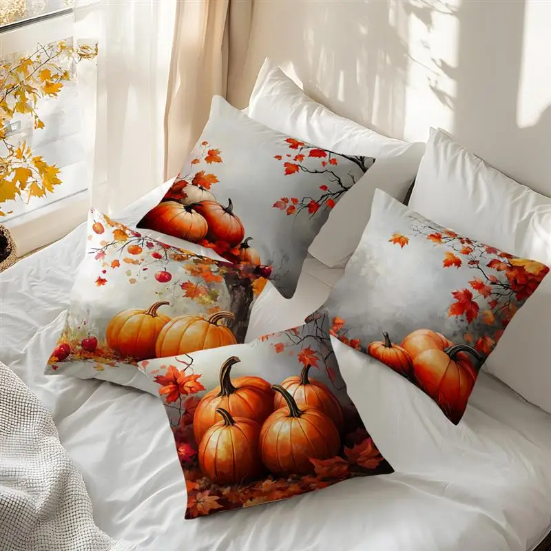 Home Decor Autumn Pumpkins and Maple Leaves Pillow Covers Pattern Cushion Cover Suitable for Sofa Bedroom Car Pillow Cover