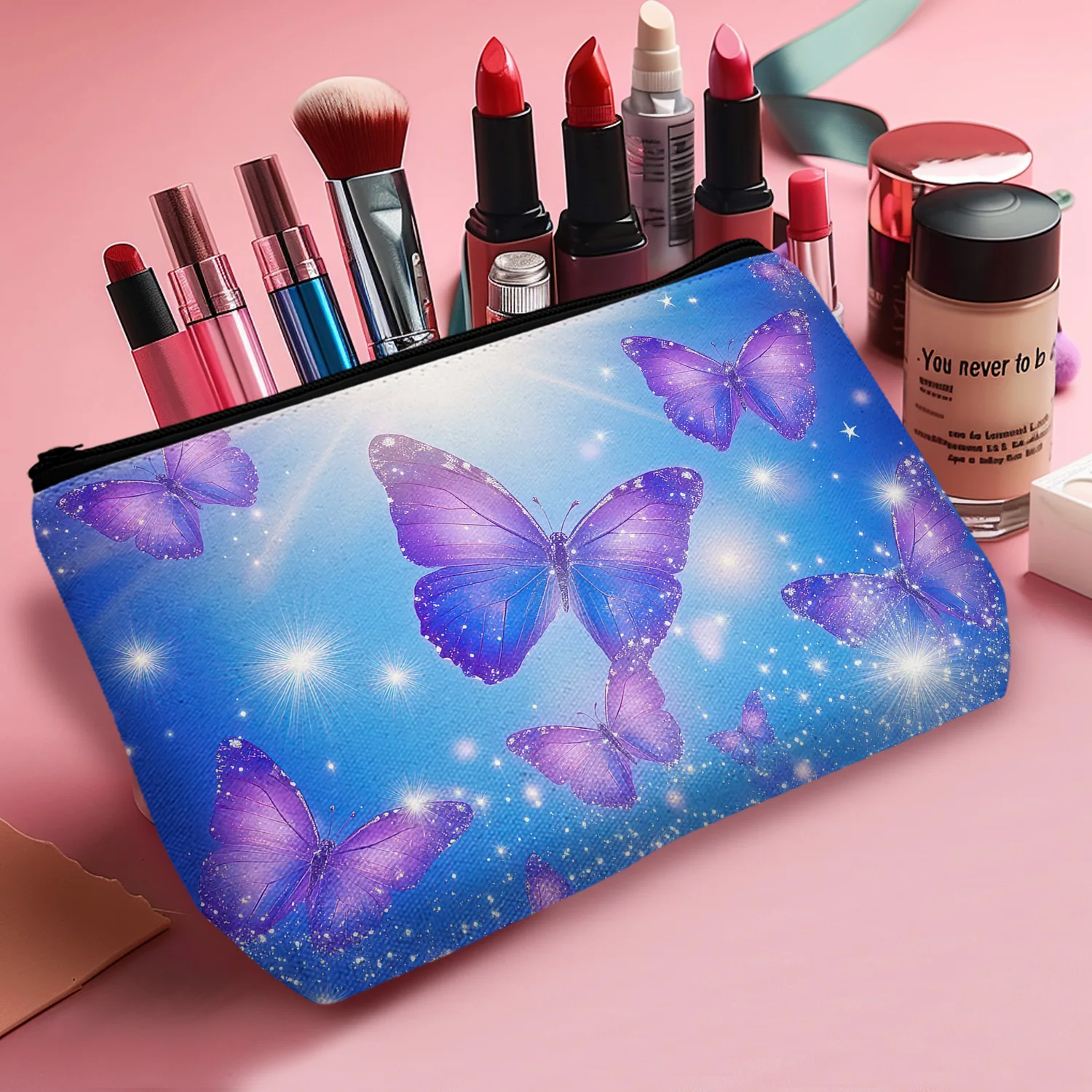 1Pc Butterfly Cosmetic Bag For Women Flying Beautiful Butterflies Purple And Blue Travel Lightweight Makeup Bag 8.66X5.51Inch