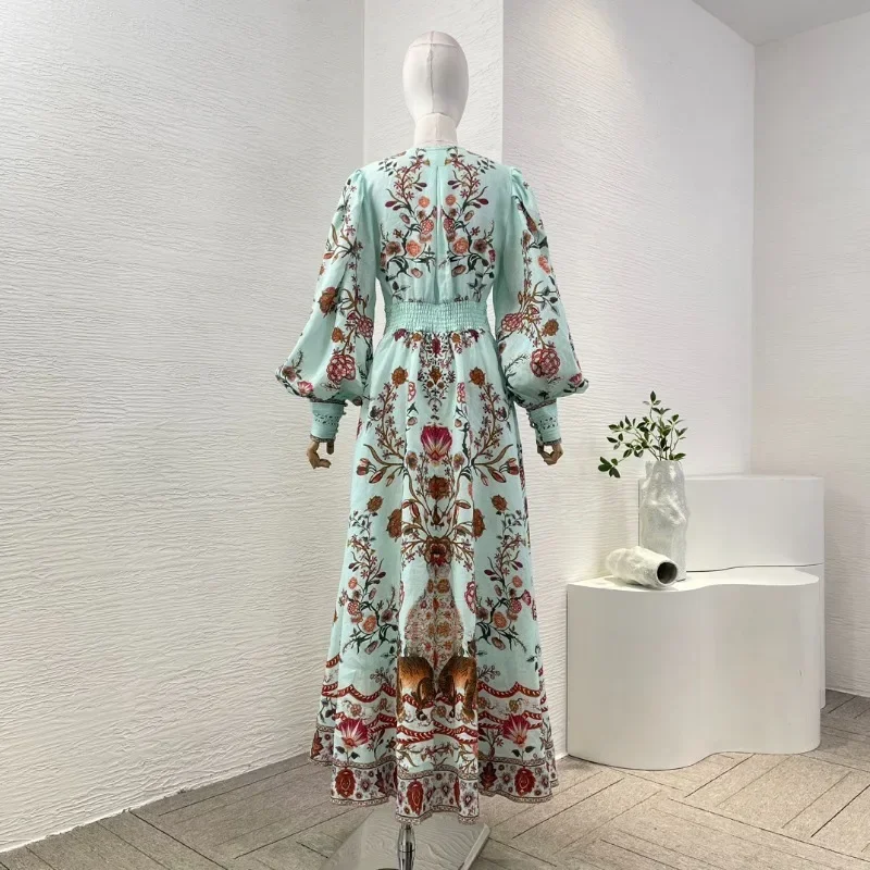 High quality silk blue green floral animal print long sleeve deep V neck elegant vintage women midi dress new fashion style