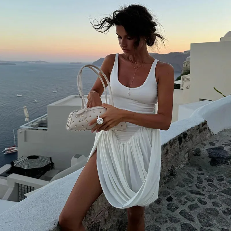 Bonny Fashion Bezrękawnik Plisowana Sukienka Mini z Rozcięciem Damska Sexy Bez Pleców Klubowa Imprezowa Letnia Sukienka na Ramiączkach z Efektem Drapowania Coquette