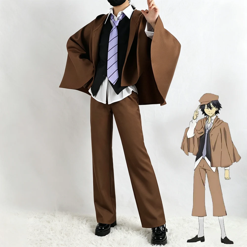 

Edogawa Ranpo Cosplay Costume Bungo Stray Dogs Detective Outfit Brown Cloak Full Set for Men Halloween Party