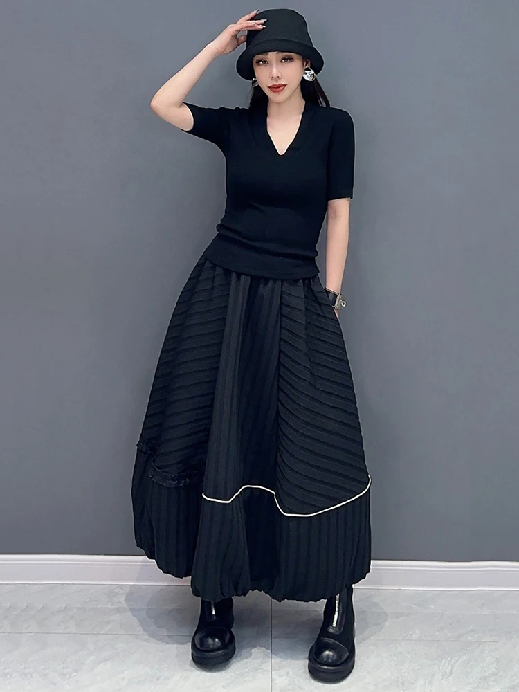 SHENGPALAE Fashion Chic Women\'s Skirt Striped Design Loose Vintage Patchwork A-line Mid Calf Skirt Spring 2024 New Trendy 5R9253