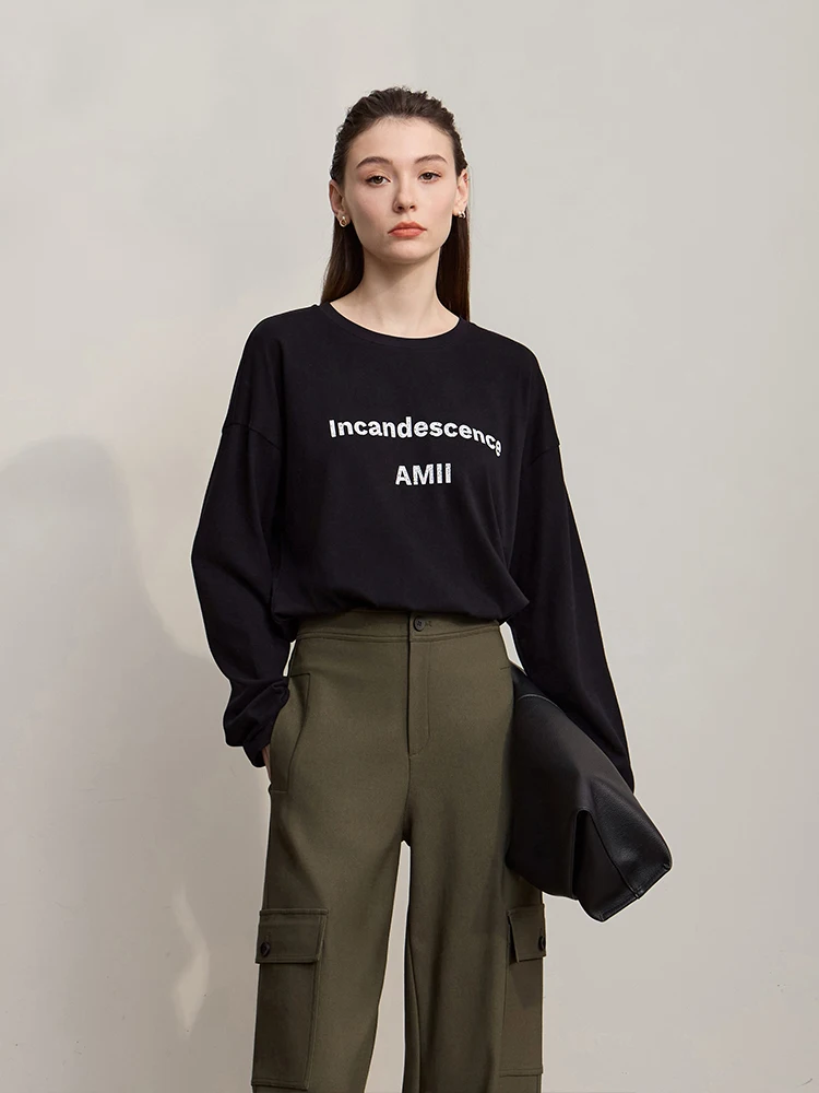 

AMII Women's T-shirt 2025 Autumn New Round Neck Versatile Long Sleeve T Shirts Woman Letter Printing Loose Ladies Tops 12543105