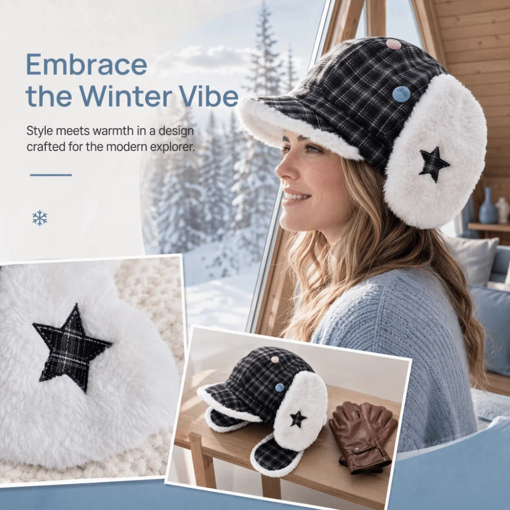 Cute Sweet Plaid Octagonal Hat Autumn Warm Winter Fleece Lined Hat Earflap Windproof Newsboy Cap Outdoor
