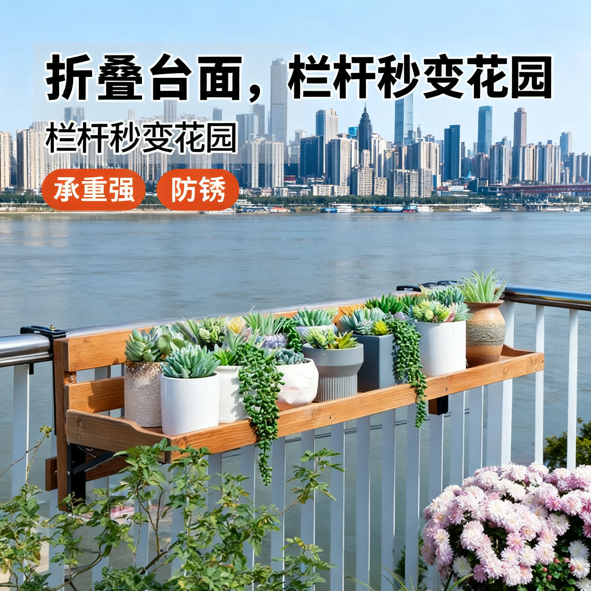 Balcony hanging guardrail flower stand solid wood railing rack hanging flower pot succulent plant display stand bar counter