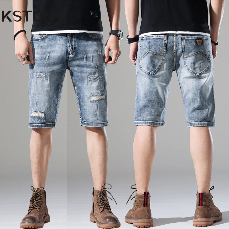 

Denim Shorts Jeans For Men Ripped Distressed Light Blue Stretch 2024 Summer Shorts Male Knee Length Pants Slim Straight Patched