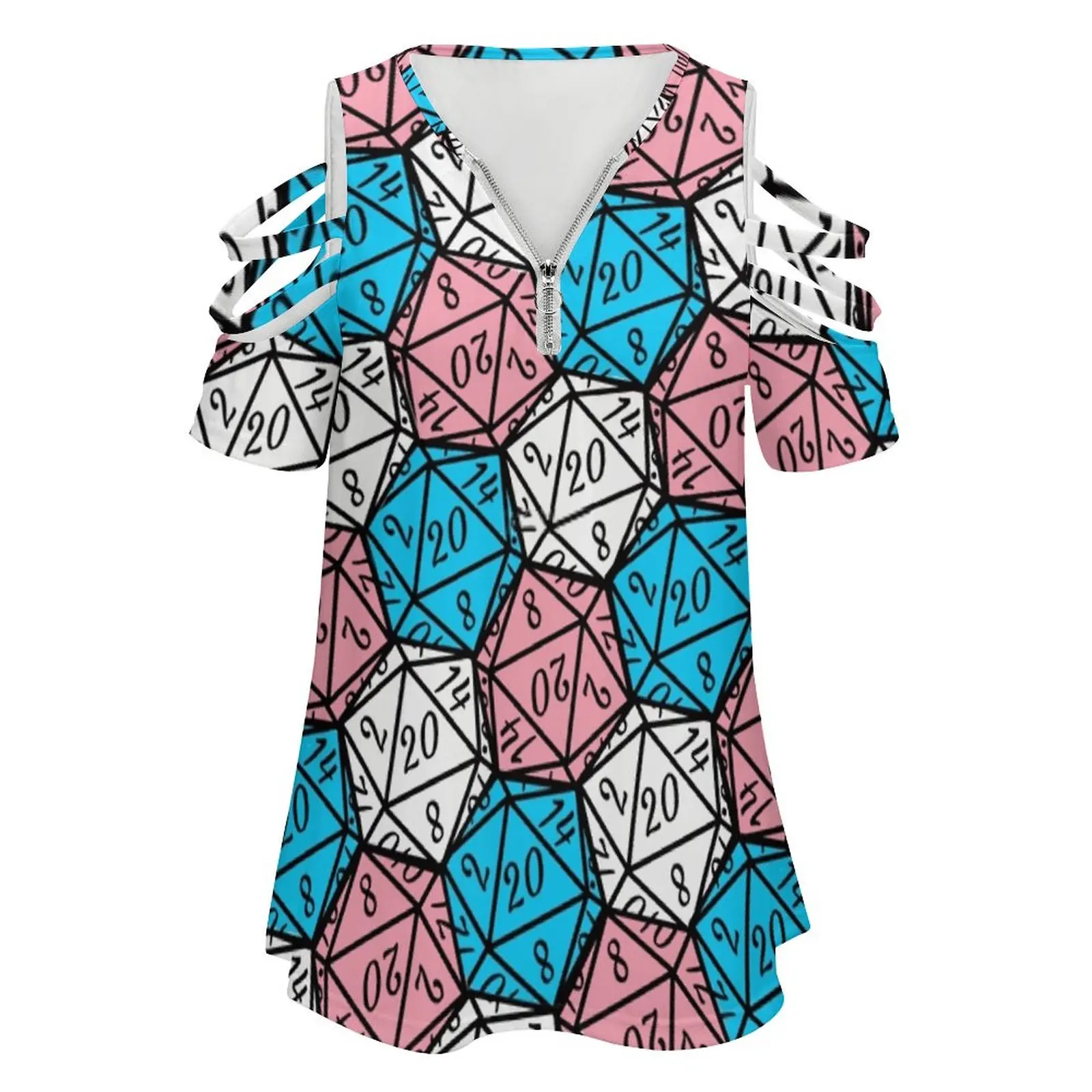 Pride Dice Pattern Women's T-Shirt Summer Fashion Print Floral V-Neck Zipper Tshirt Hollow Pullover Ladies Top Dungeons