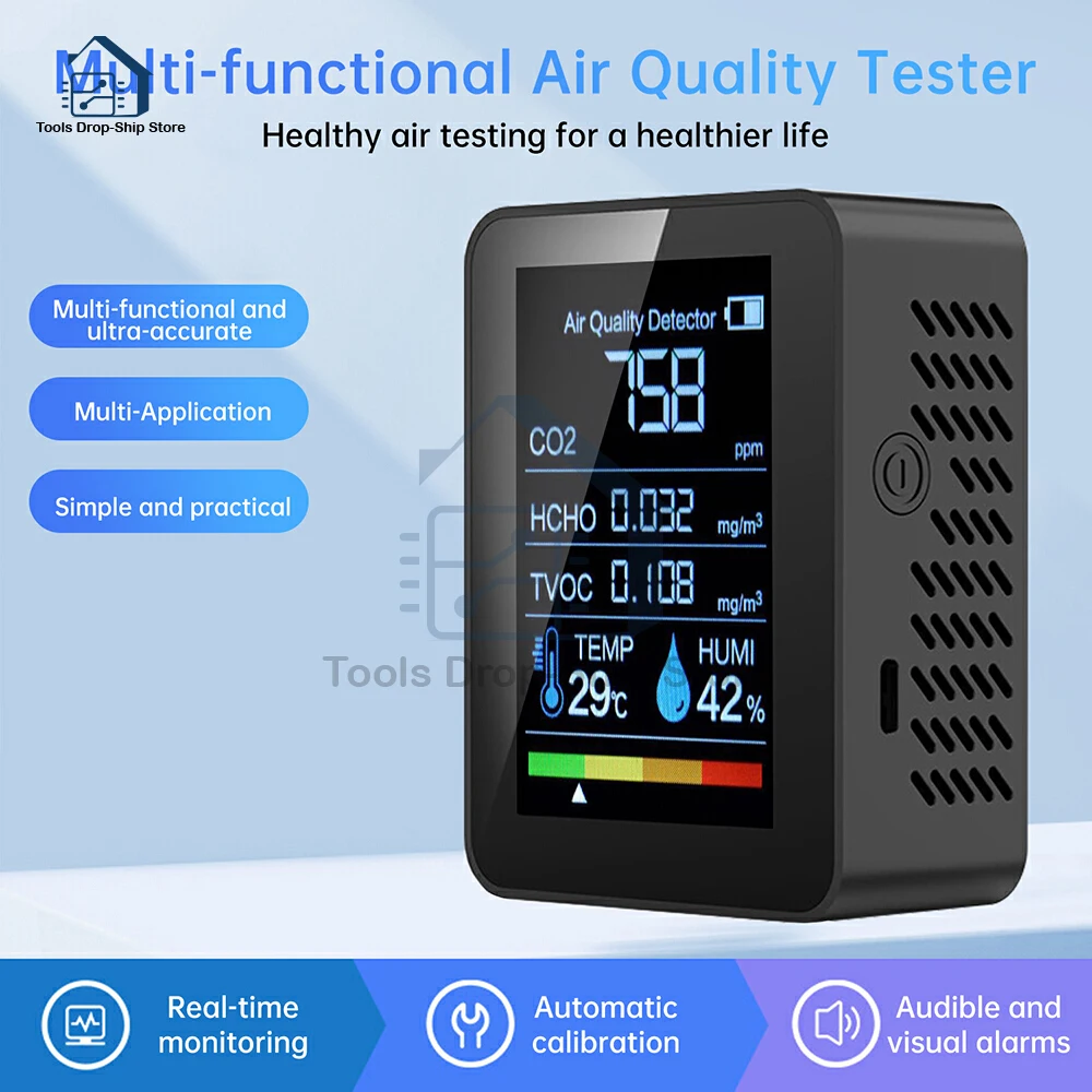

5 in1 Air Quality Monitor Multifunctional CO2 Meter Digital Temperature Humidity Tester Carbon Dioxide TVOC HCHO Detector