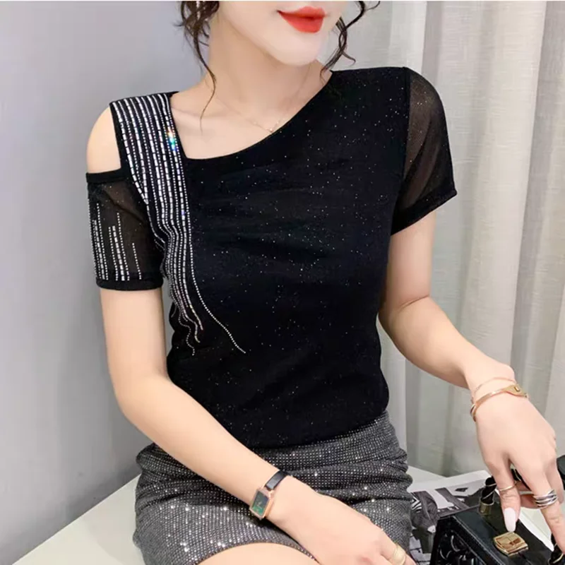 New European Clothes T-Shirt For Women Chic Sexy Skew Collar Shiny Diamonds Tops Classic Summer Female Short Sleeve Slim Tees